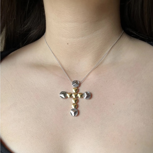 Chimento 18K Yellow White Gold Large Cross Pendant on Chain Necklace, Italy - Picture 1 of 10